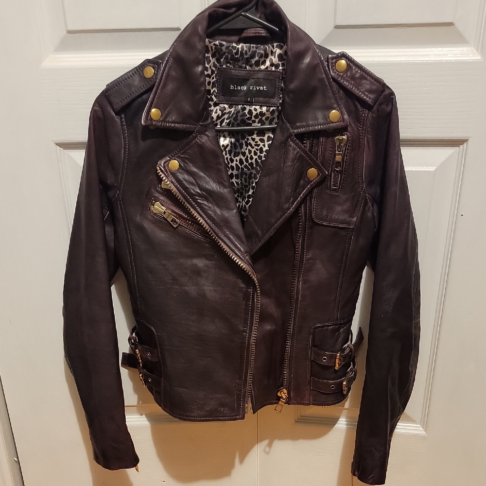 Black Rivet Dark Brown Leather Jacket with Gold Accents